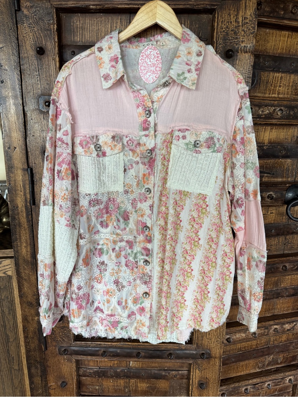 POL Patchwork Floral Button-Up Shirt Jacket in Pink & Cream